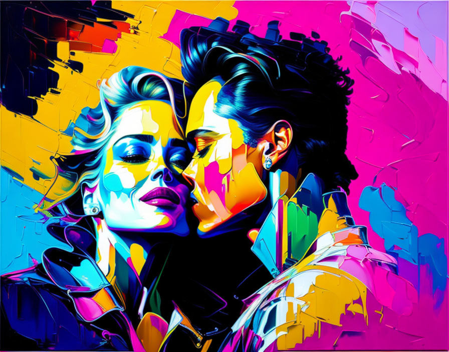 Colorful Artwork: Man and Woman in Romantic Pose with Abstract Paint Strokes