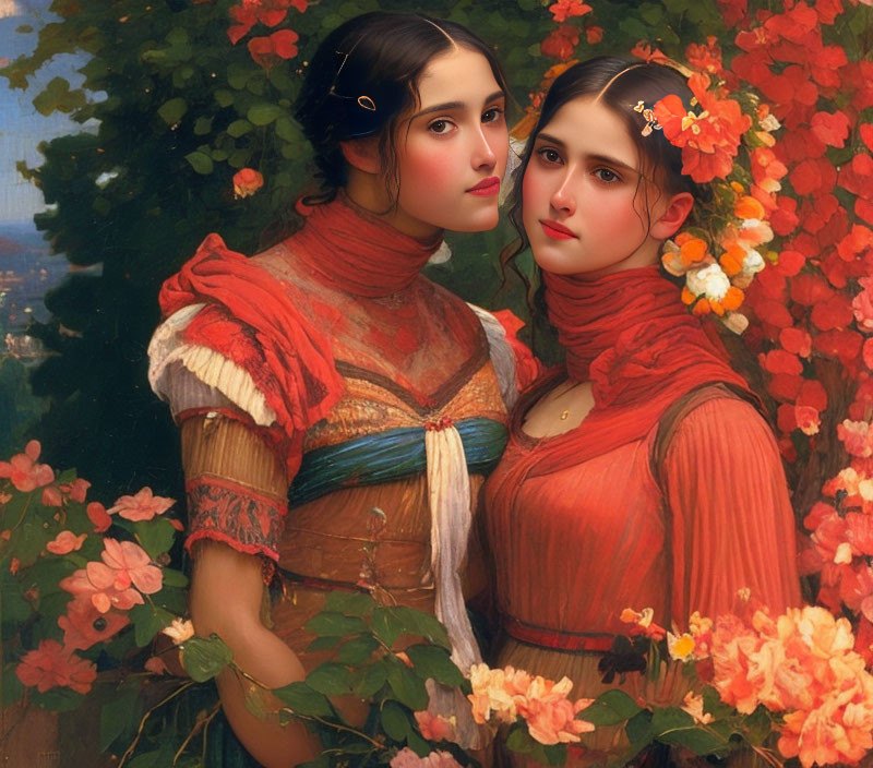 Two Women with Ornate Hairpieces in Vintage Attire Amidst Blooming Flowers