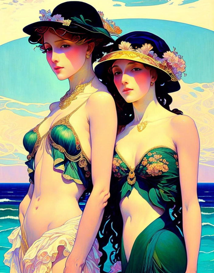 Two women in vintage swimsuits and wide-brimmed hats in Art Nouveau style.