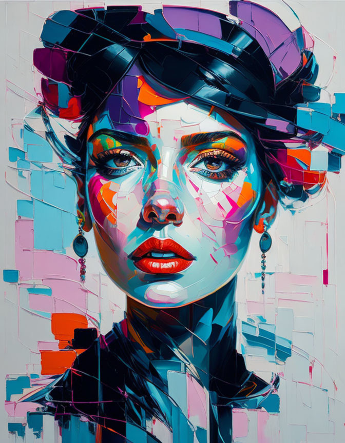 Colorful abstract portrait of a woman with geometric shapes and expressive brush strokes