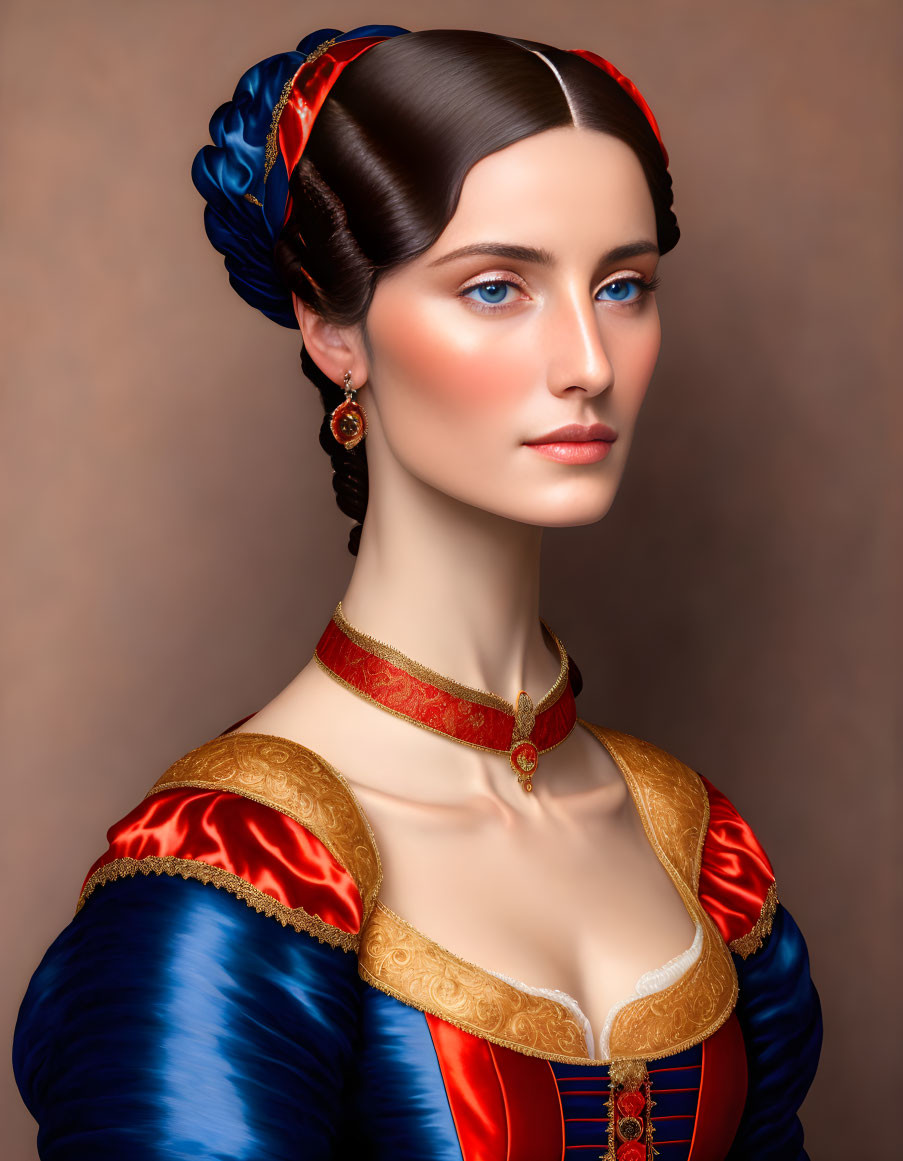 Victorian-style portrait of woman in blue-and-red dress with golden accents