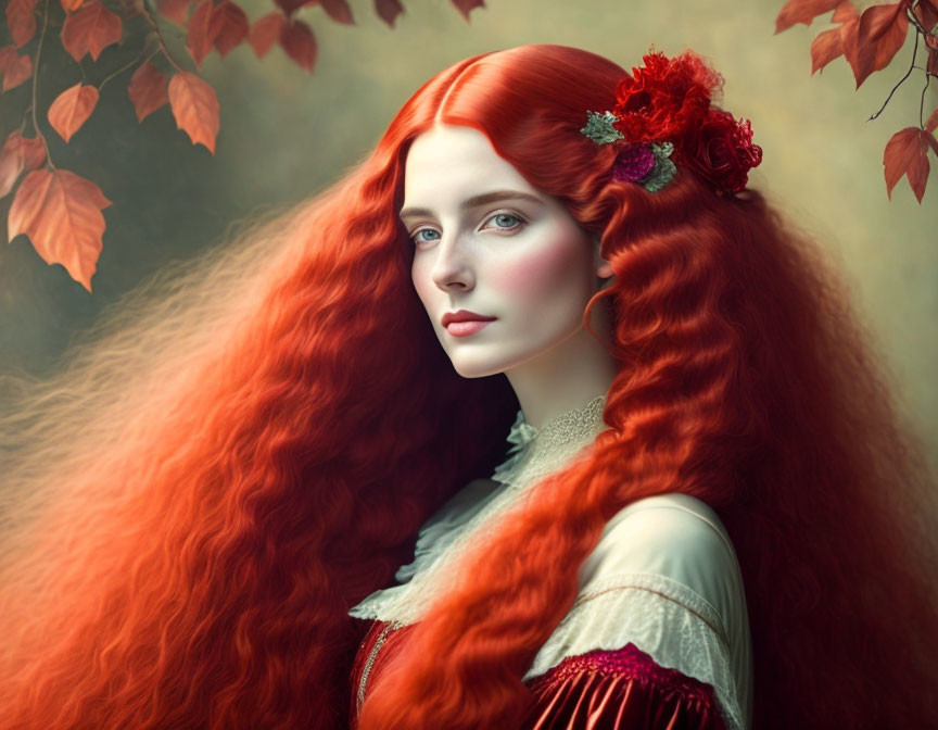 Vibrant red-haired woman with flowers in hair, porcelain skin, blue eyes, in autumn setting