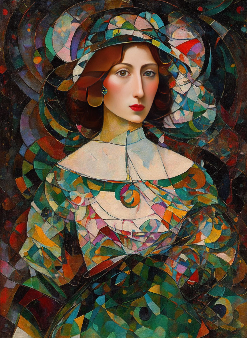 Portrait of woman with auburn hair in colorful geometric dress and hat, red lips, grey eyes