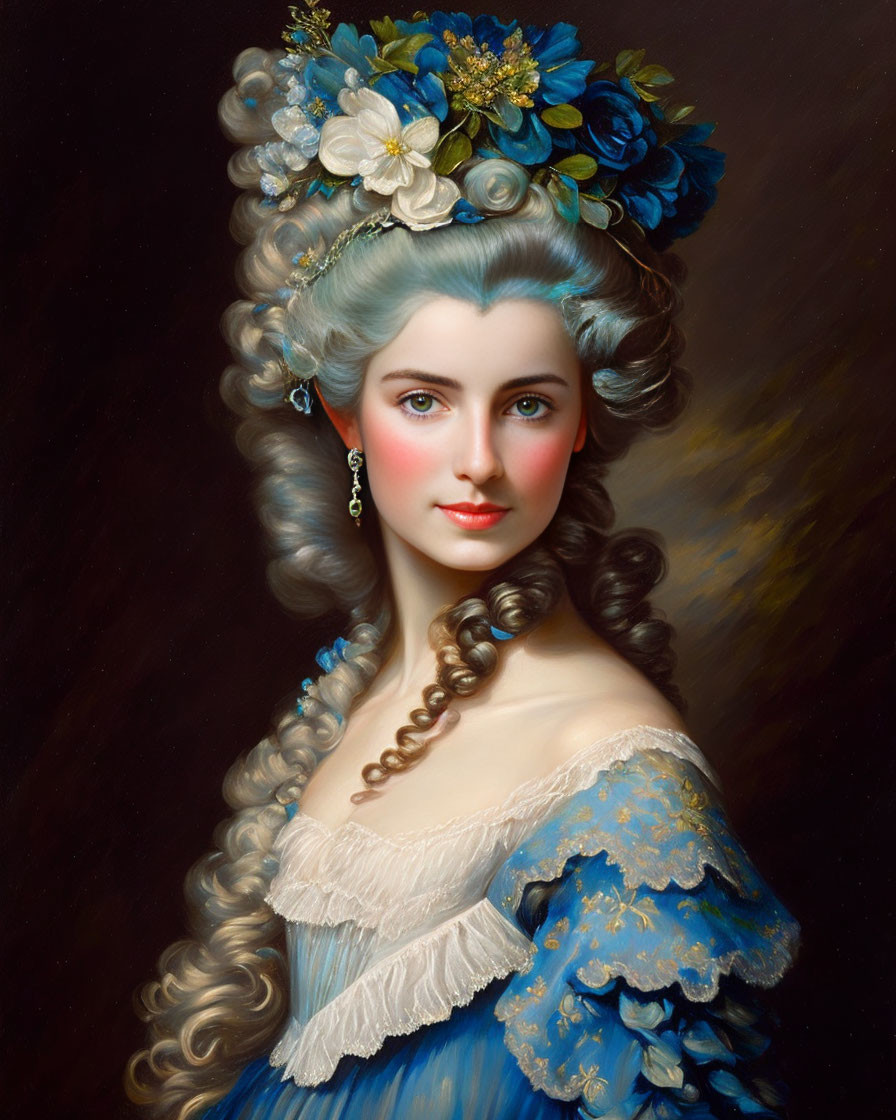Woman with High Powdered Hair, Flowers, and Blue Ribbon in Blue Dress