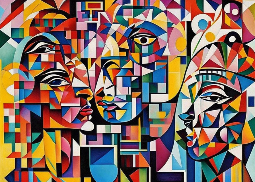 Colorful Abstract Cubist Painting with Overlapping Faces