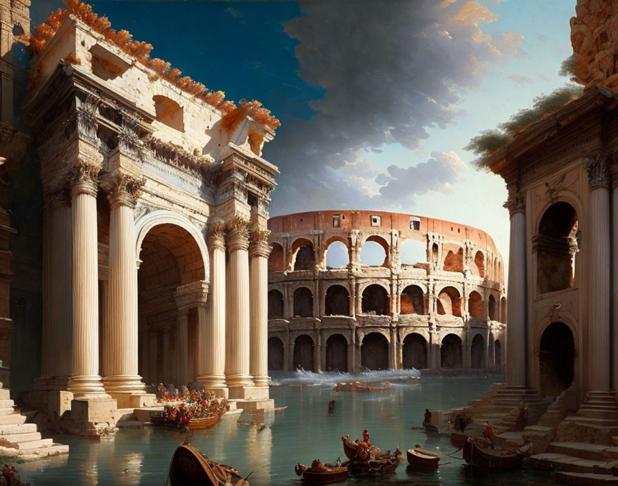 Surreal artwork: Colosseum merged with classical architecture, surrounded by water, boats,