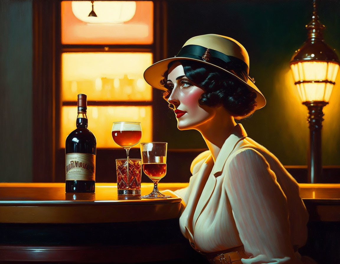 Vintage Woman in Hat with Wine at Bar in Warm Lighting