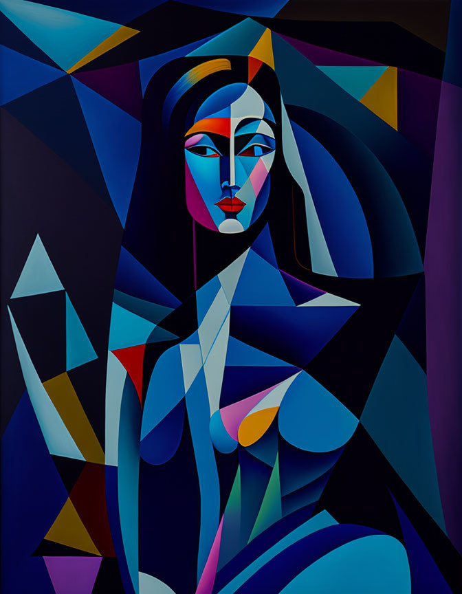 Geometric Cubist painting of a woman with dark hair