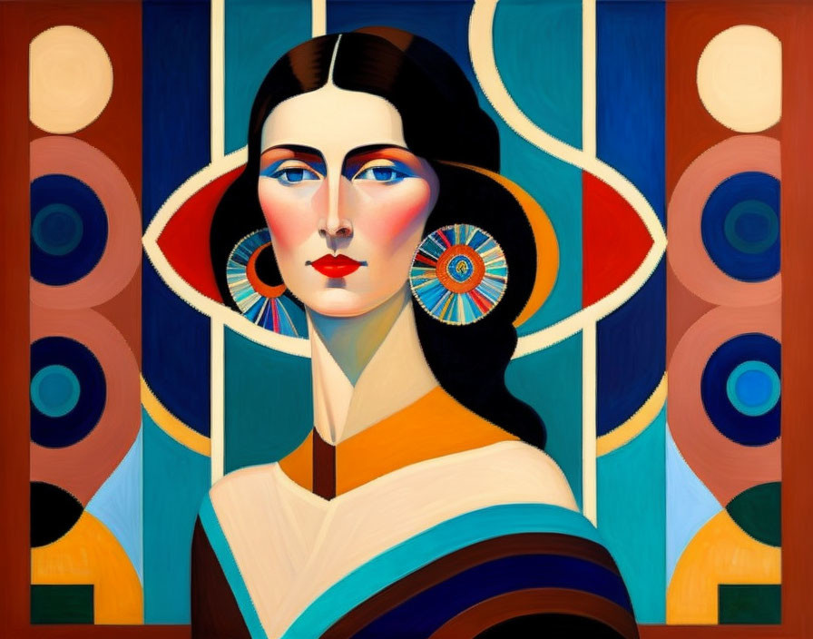 Colorful Art Deco-inspired Woman Portrait with Geometric Shapes