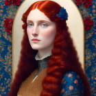 Woman with Red Hair in Medieval Dress on Blue Floral Background