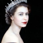 Portrait of Woman with Striking Red Lipstick and White Crown on Dark Background