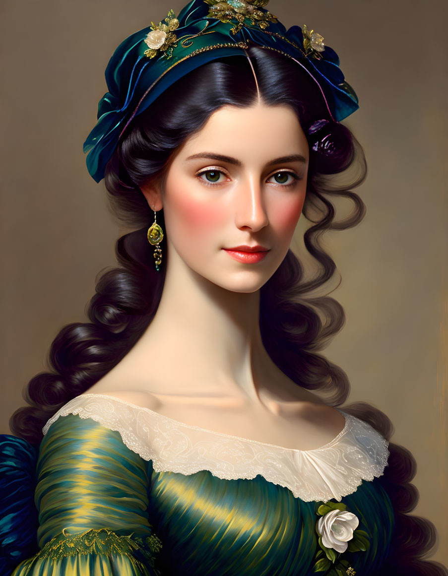 Portrait of woman in blue historical dress with dark hair and white rose.