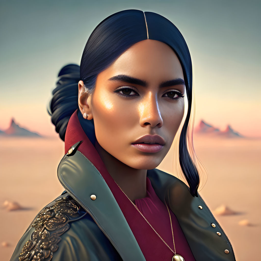 Digital portrait of woman with slicked-back hair, braid, military jacket, necklace, desert backdrop