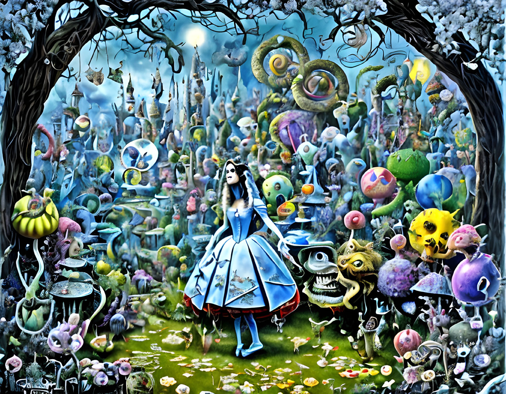 Fantasy scene with woman in blue dress surrounded by surreal creatures and orbs