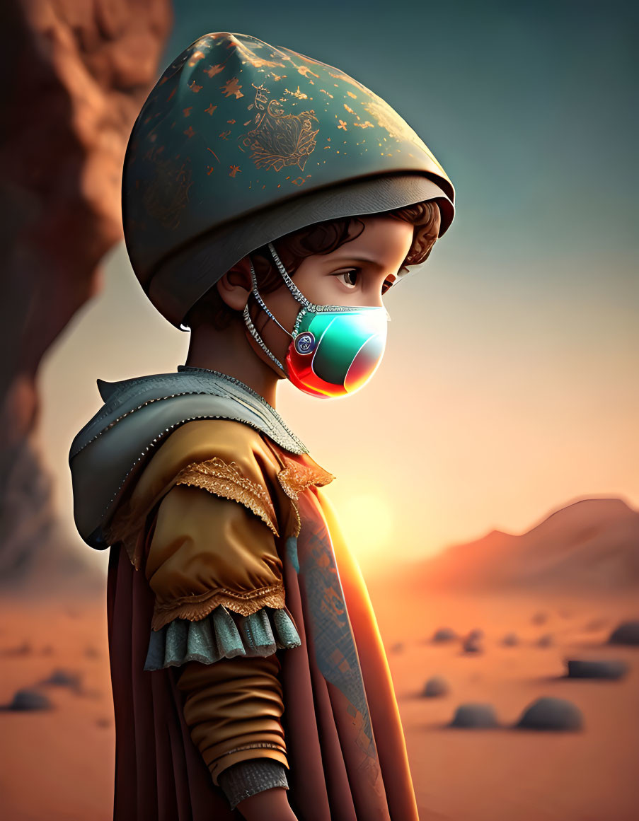Colorful Child Illustration in Decorated Helmet and Cape Against Desert Sunset