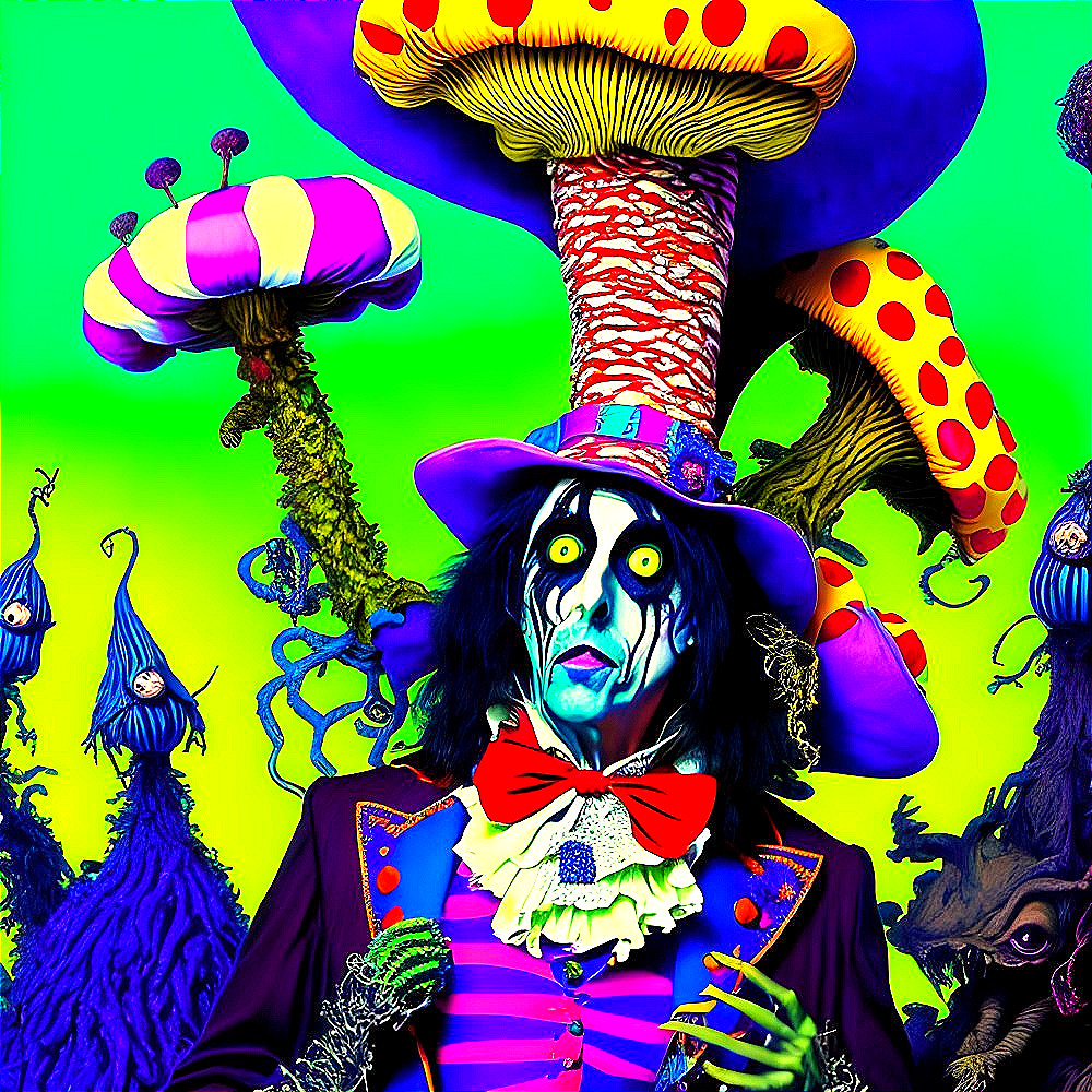 Vibrant character with exaggerated makeup in Mad Hatter style on psychedelic backdrop.