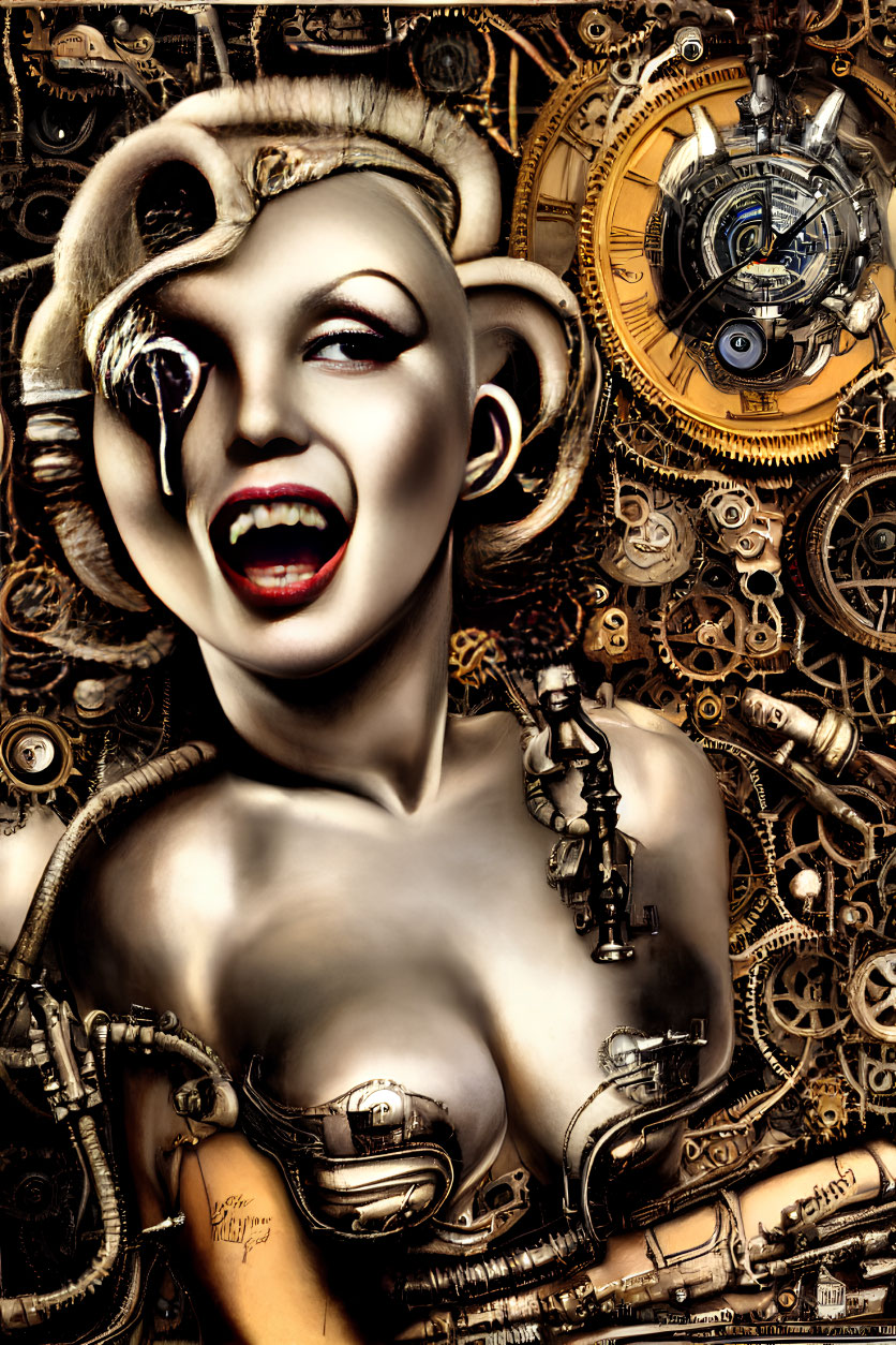 Surreal steampunk-inspired humanoid figure with clockwork motif