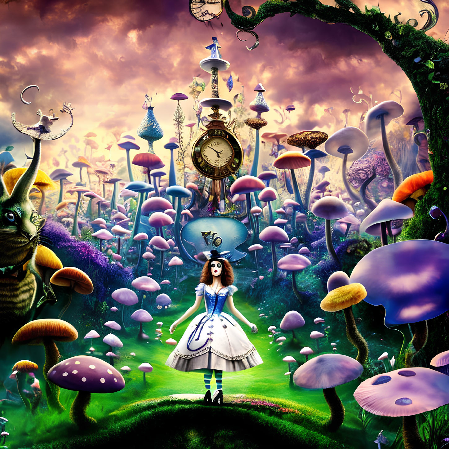 Vibrant surreal landscape with oversized mushrooms and floating clocks.