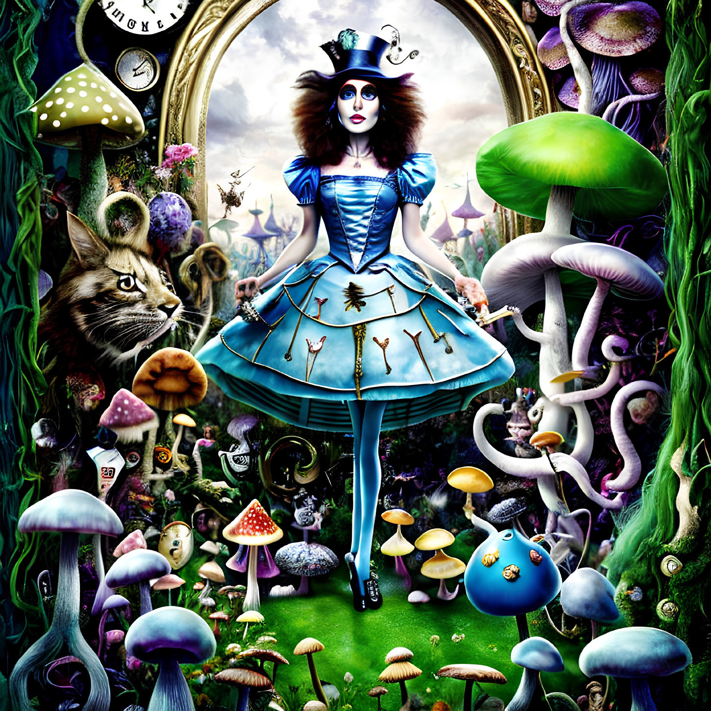 Colorful Alice in Wonderland scene with mushrooms, Cheshire Cat, and fantastical elements