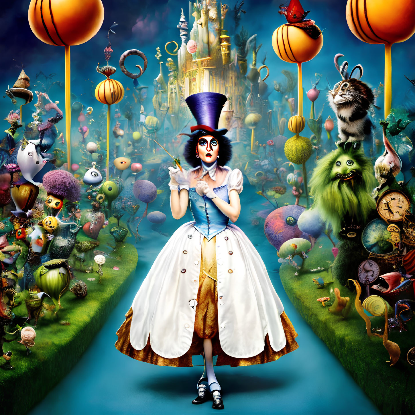 Whimsical girl in hat with fantastical creatures from Alice in Wonderland