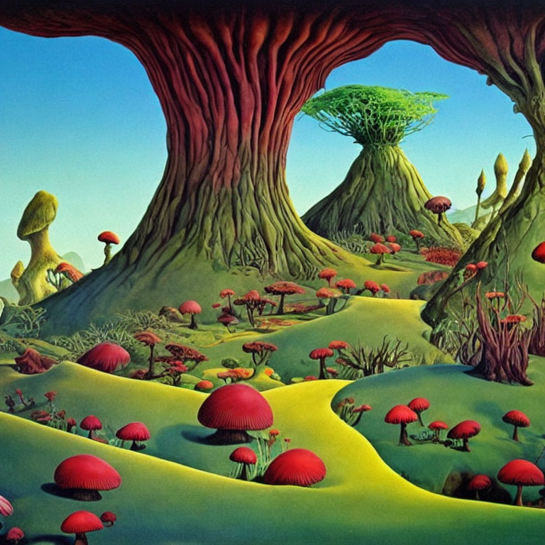 Surreal landscape with oversized mushrooms and undulating trees on green hills