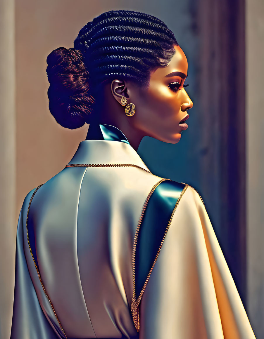Cornrow-braided woman in satin robe with gold earrings