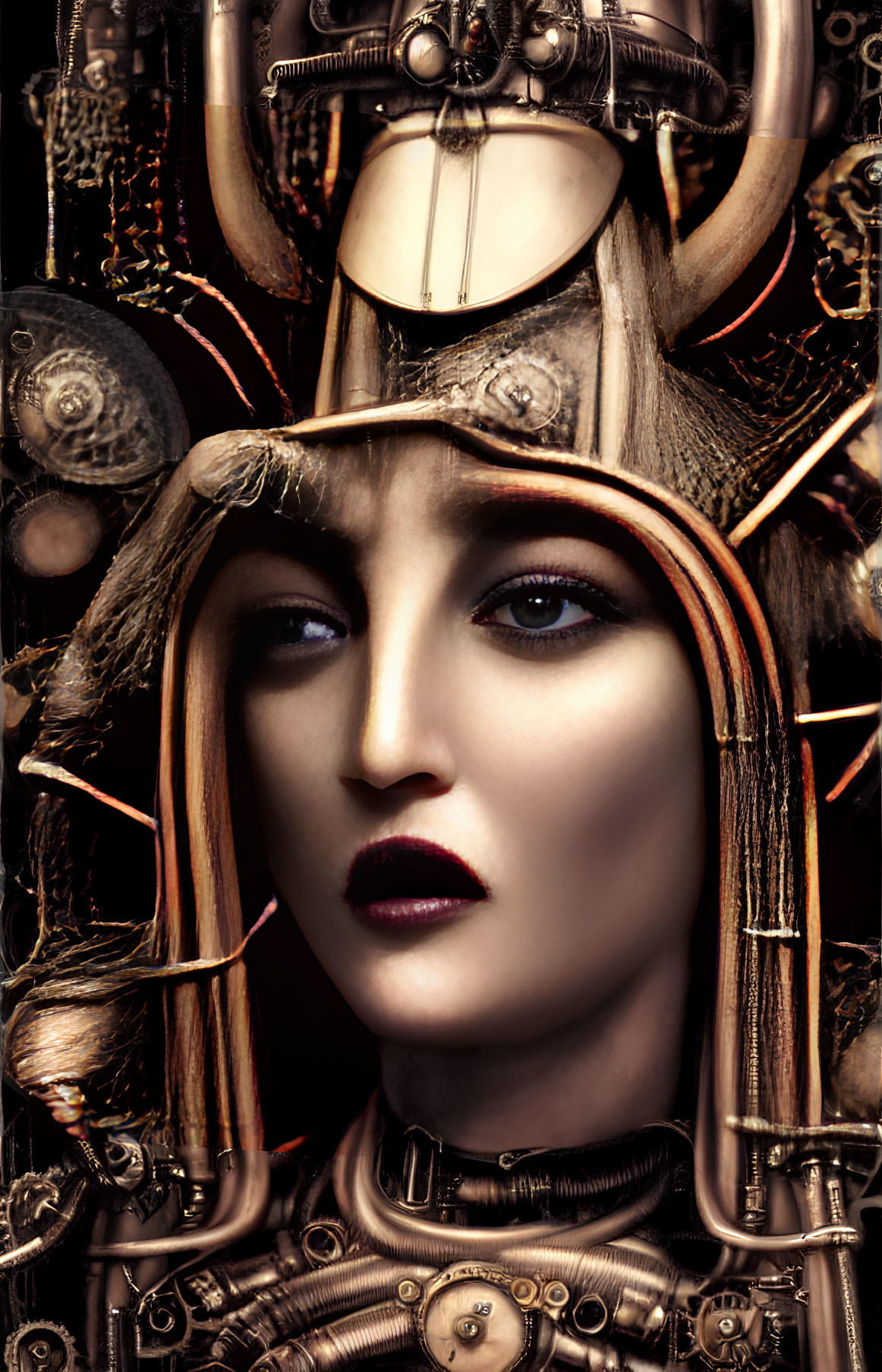 Detailed Steampunk-Style Illustration of Humanoid Face with Mechanical Helmet