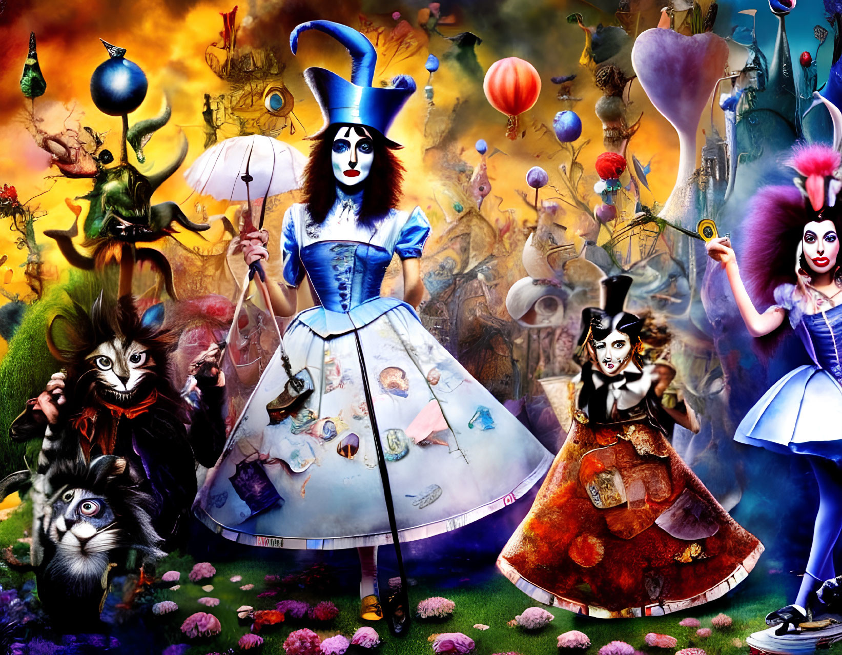 Colorful Alice in Wonderland characters in chaotic setting