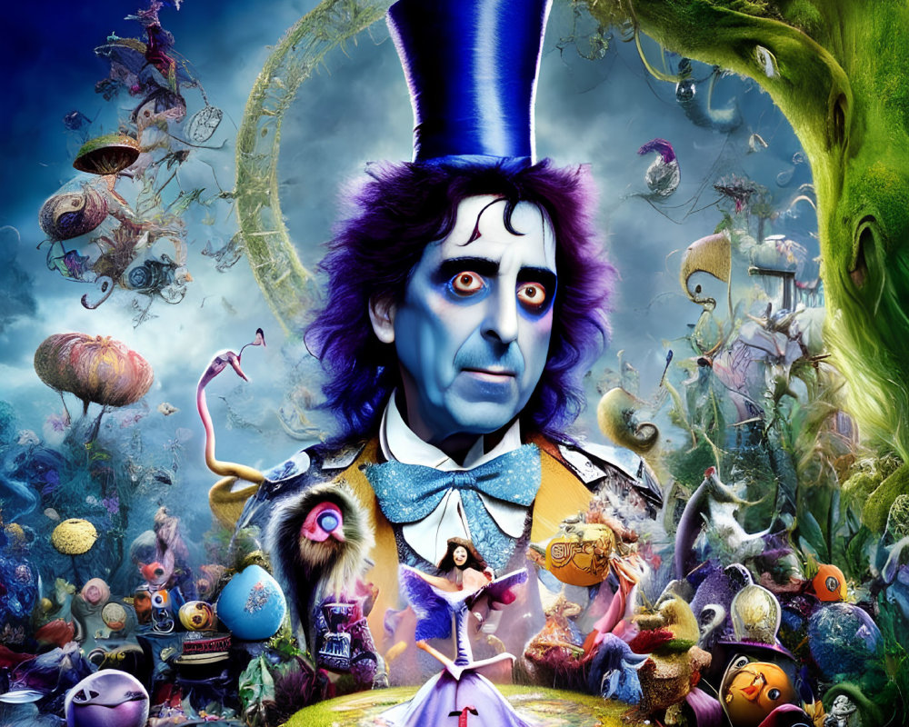 Vibrant surreal art: Mad Hatter in blue top hat with Alice in Wonderland characters.