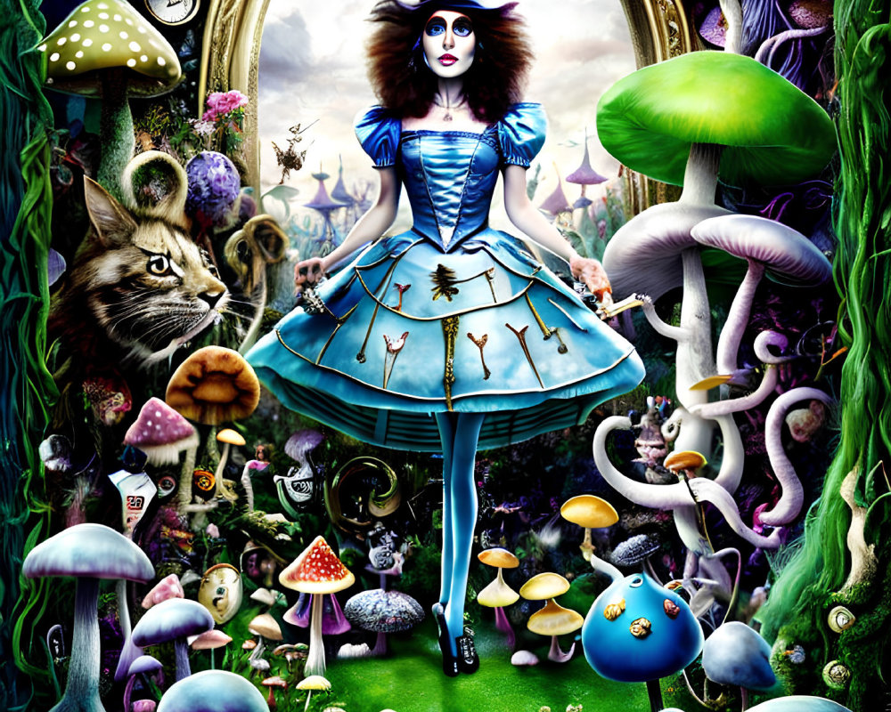 Colorful Alice in Wonderland scene with mushrooms, Cheshire Cat, and fantastical elements