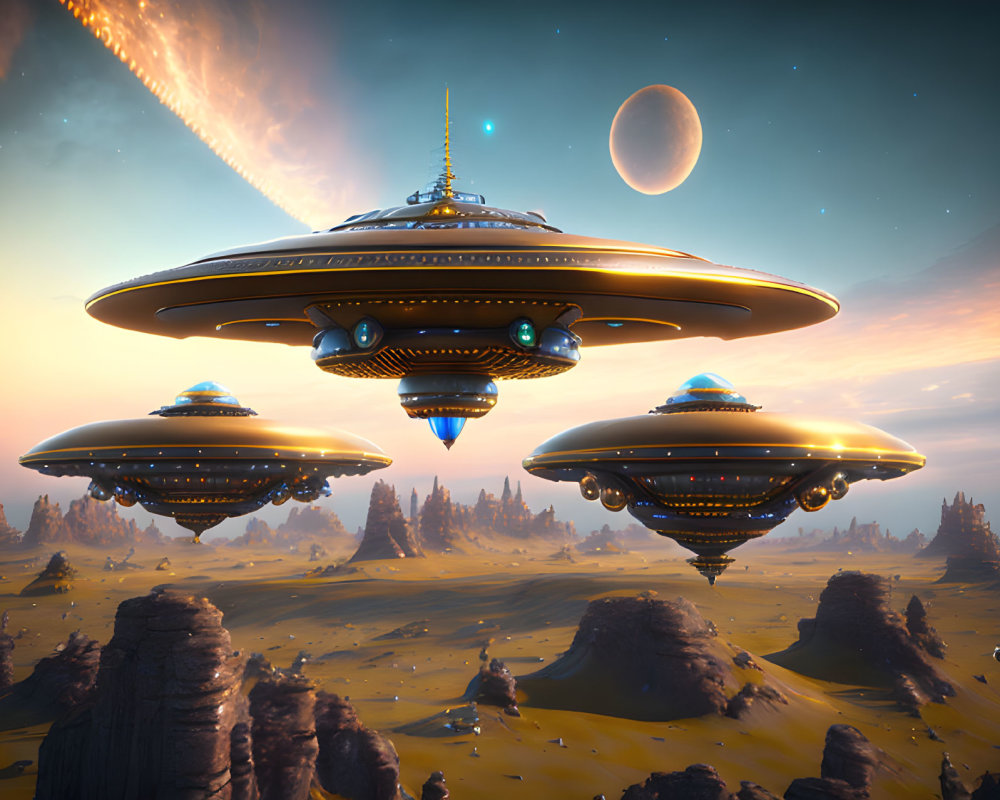 Futuristic UFO fleet in desert with comet and alien planet in sky