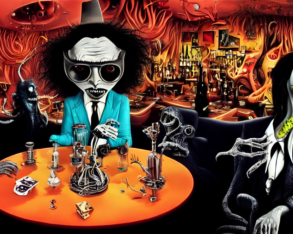 Surreal Cartoonish Figures in Bar with Vibrant Colors