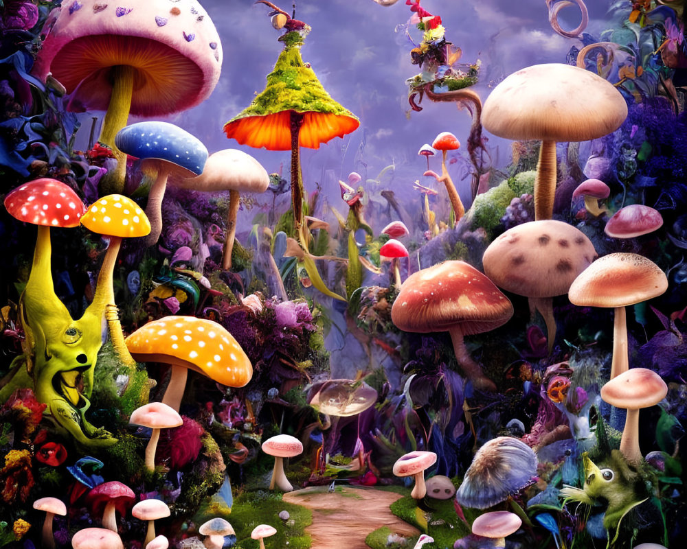Colorful fantasy landscape with whimsical mushrooms, flora, and creatures