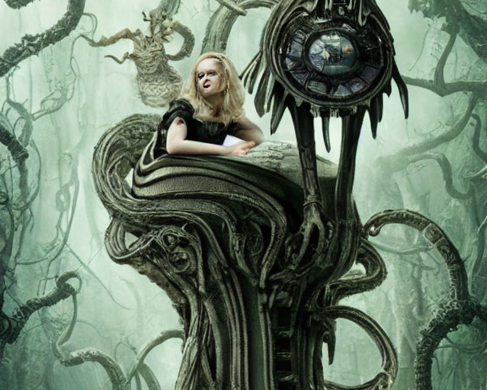 Blonde woman in surreal dark forest with whimsical oversized clock chair