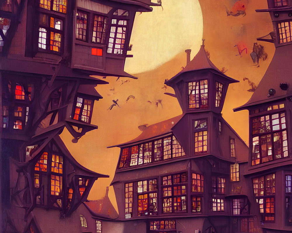 Medieval town scene with crooked buildings, large moon, and flying witches at twilight