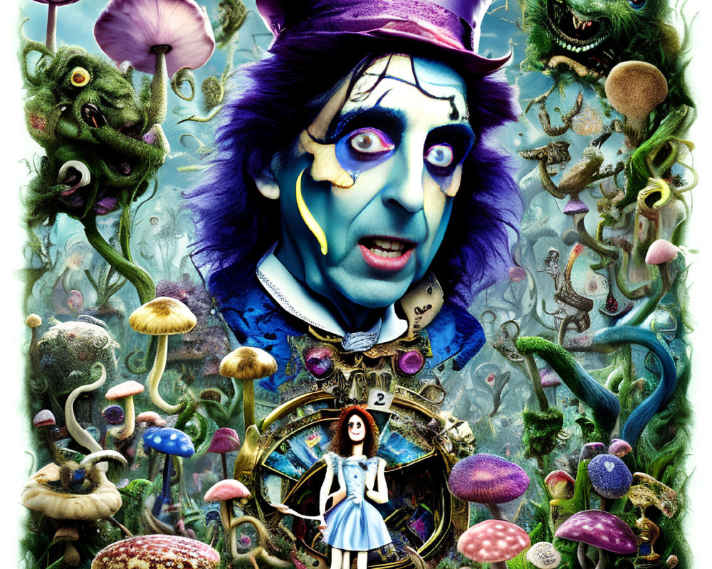 Colorful "Alice in Wonderland" character collage with Mad Hatter, Alice, Cheshire Cat,