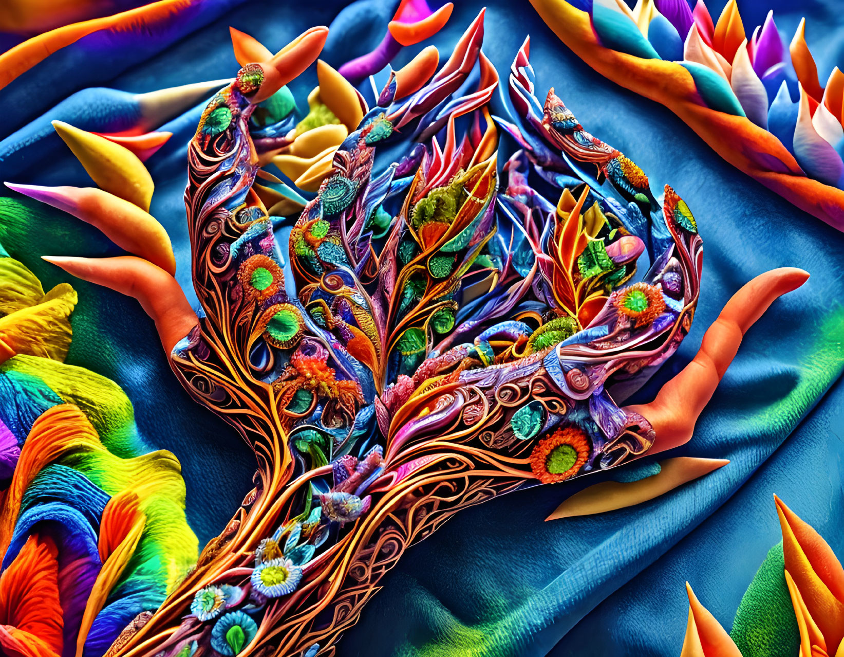 Colorful digital art: Hands releasing leaves and feathers on rainbow backdrop