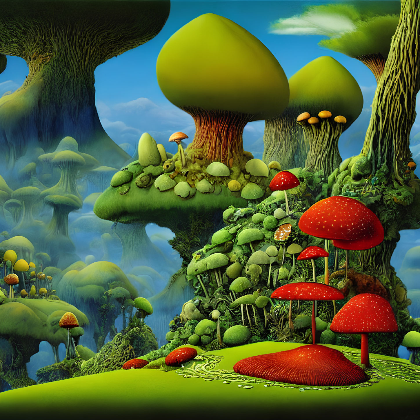 Colorful Mushroom and Tree Landscape Against Blue Sky