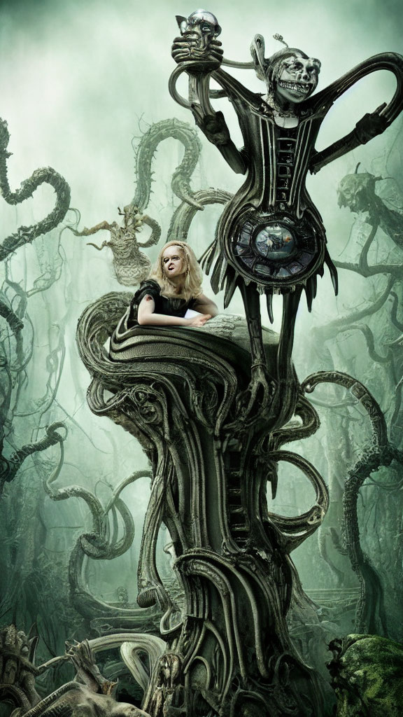 Blonde woman in surreal dark forest with whimsical oversized clock chair