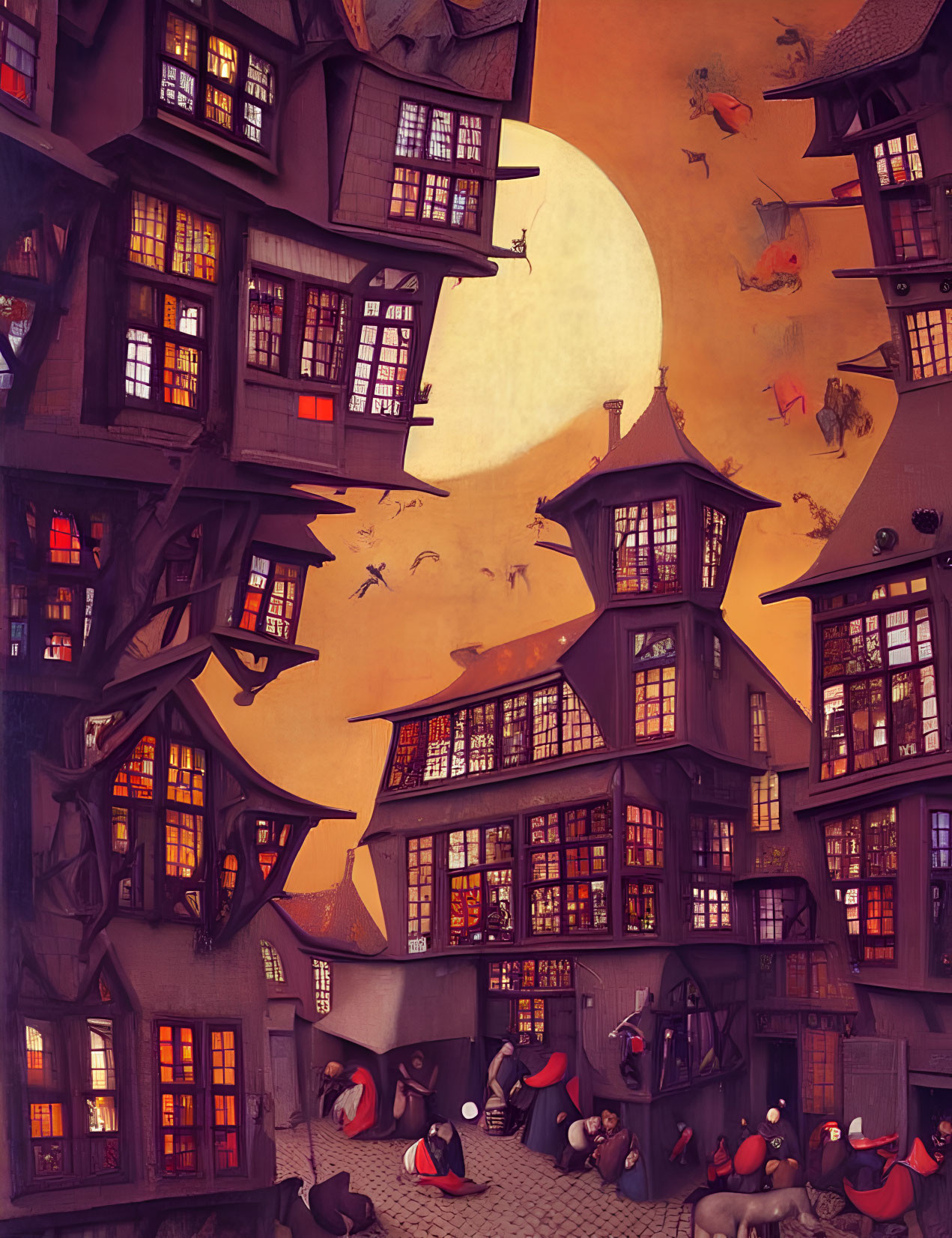 Medieval town scene with crooked buildings, large moon, and flying witches at twilight