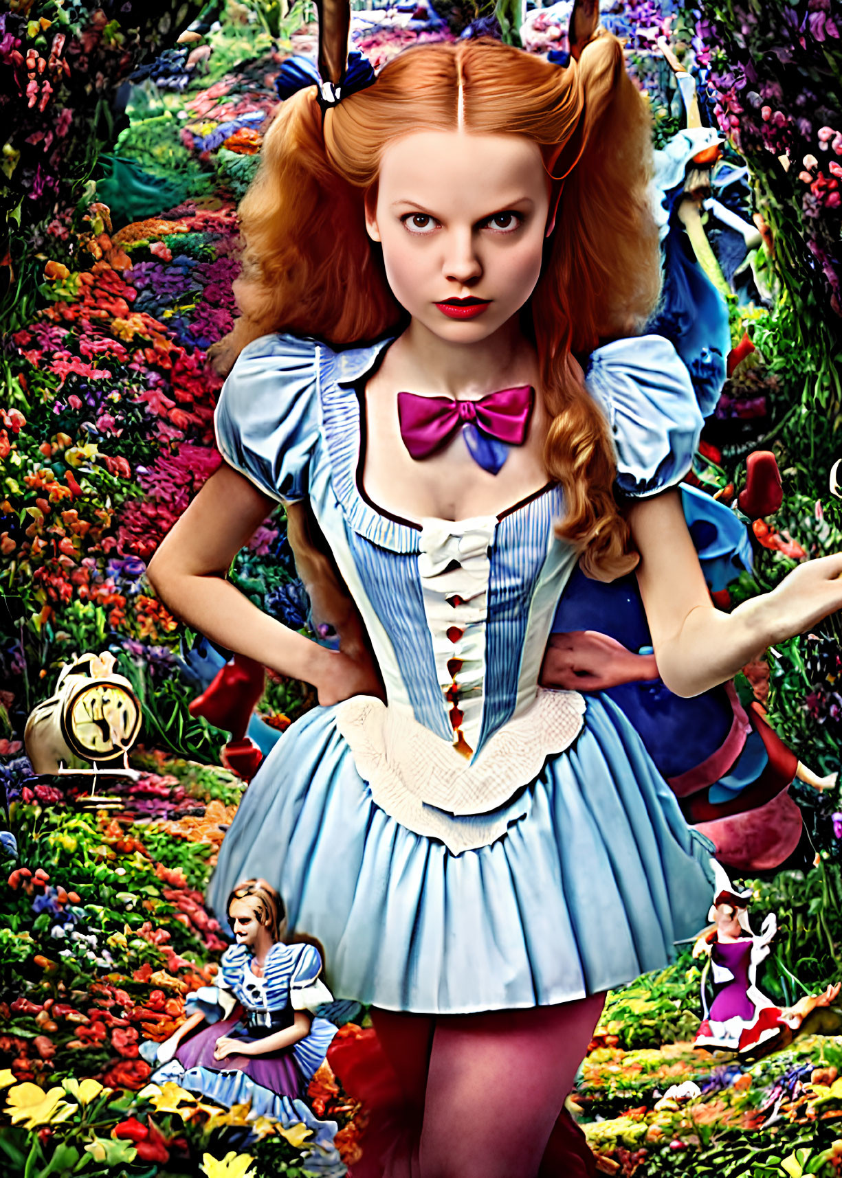 Colorful Surreal Alice in Wonderland Interpretation with Large Alice and Flower-Rich Setting