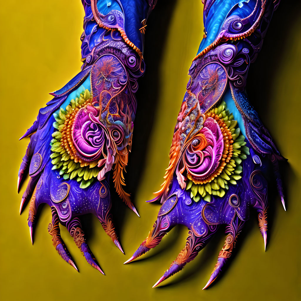 Fantastical dragon claws with vibrant colors on yellow background