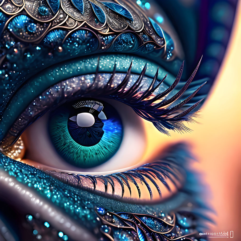 Detailed digital artwork: Blue metallic feather eyelashes and intricate eye patterns