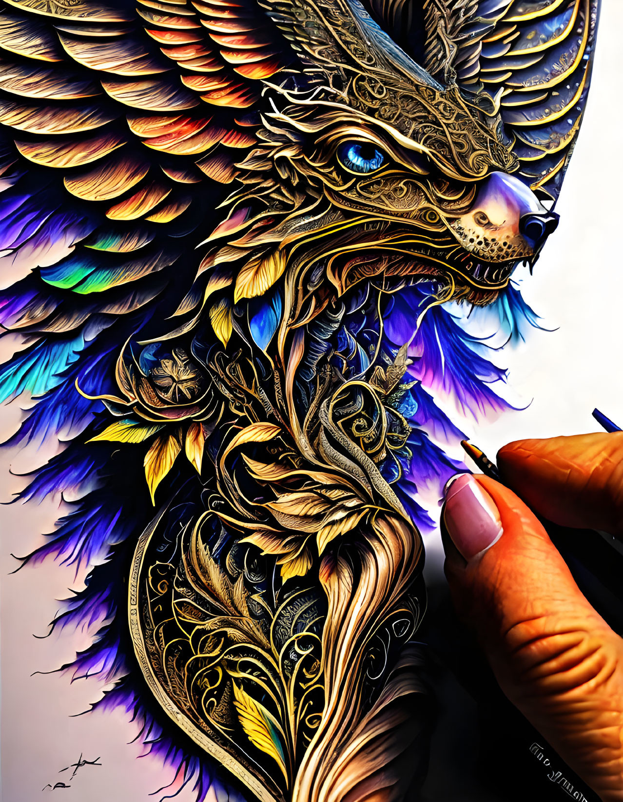 Detailed Mythological Creature Illustration with Wings Being Drawn in Colorful Style