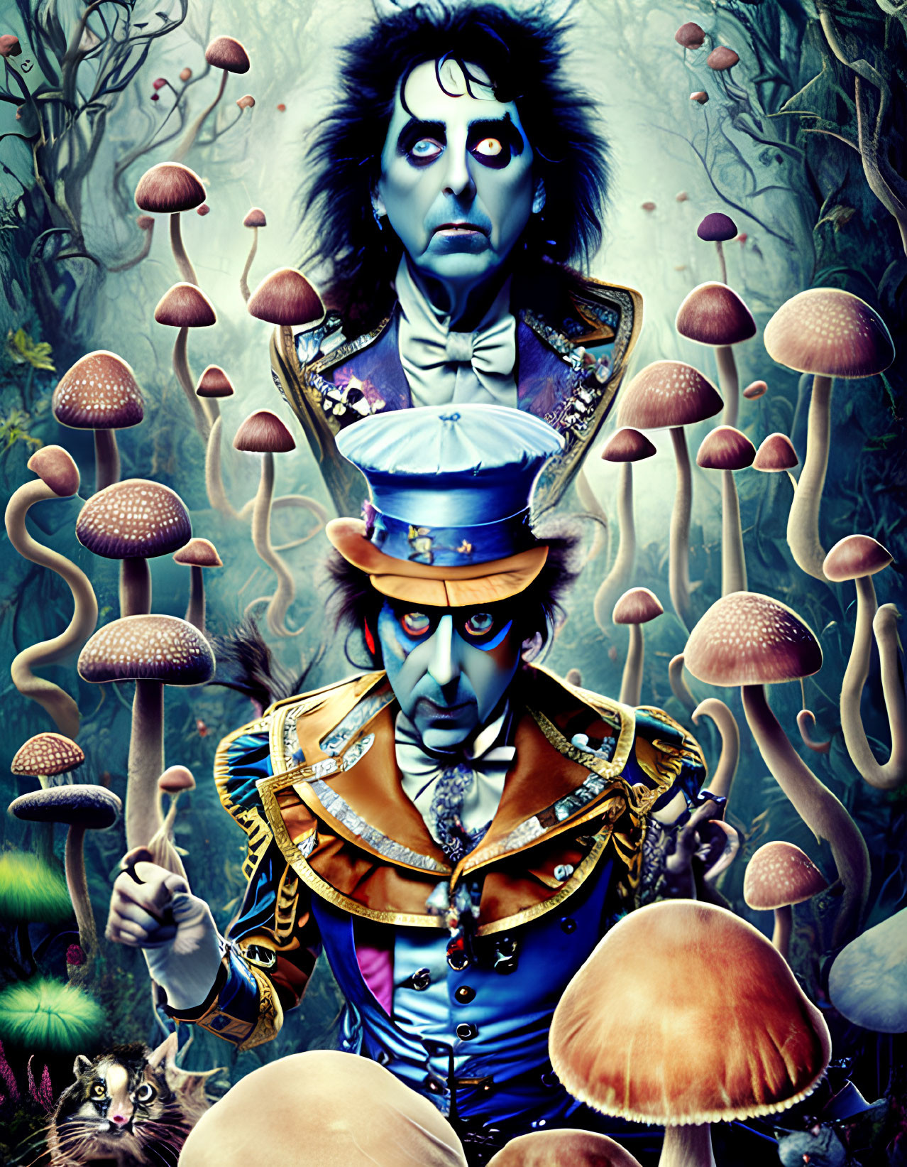 Surreal character in blue hat and ornate jacket with cat among oversized mushrooms in dreamlike forest