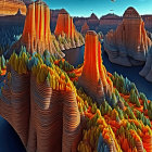 Vibrant surreal landscape with layered rock formations and UFOs