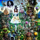 Colorful Surreal Montage of Alice in Wonderland Characters and Motifs