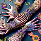 Artistic Human Hands with Anatomical Designs on Blue Background