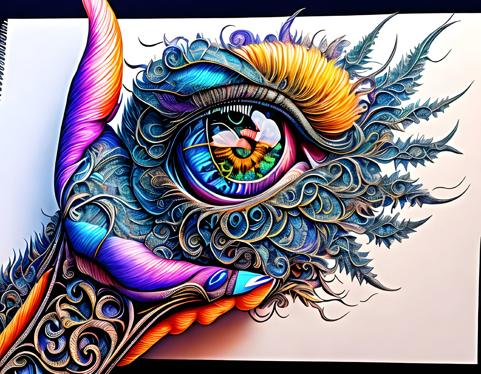Detailed illustration of vibrant eye with colorful feather-like patterns and reflection of figure in pupil.