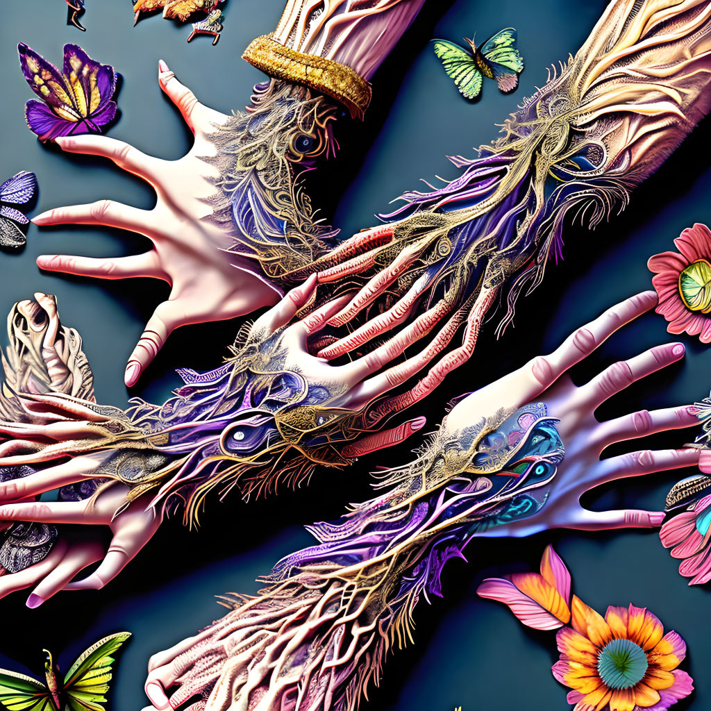 Artistic Human Hands with Anatomical Designs on Blue Background